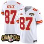 Men&acirc;��s Kansas City Chiefs Travis Kelce #87 White 2023 Champions Football Stitched Jersey