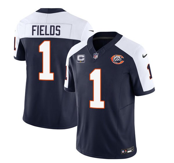 Men's Chicago Bears Justin Fields Navy White 2023 With 1-star C PatchThrowback Limited Stitched Gam