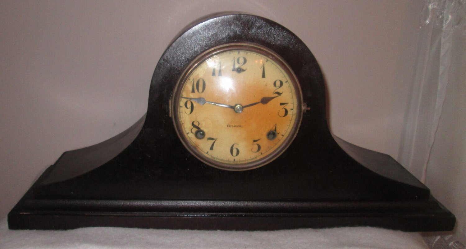 Antique 1896 Gilbert Tambour Wooden Pendulum Mantel Clock, USA, for Parts