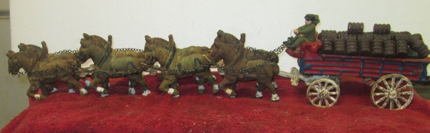Vintage Cast Iron Clydesdale Metal Horse Drawn Beer Wagon Two Drivers & Dog +