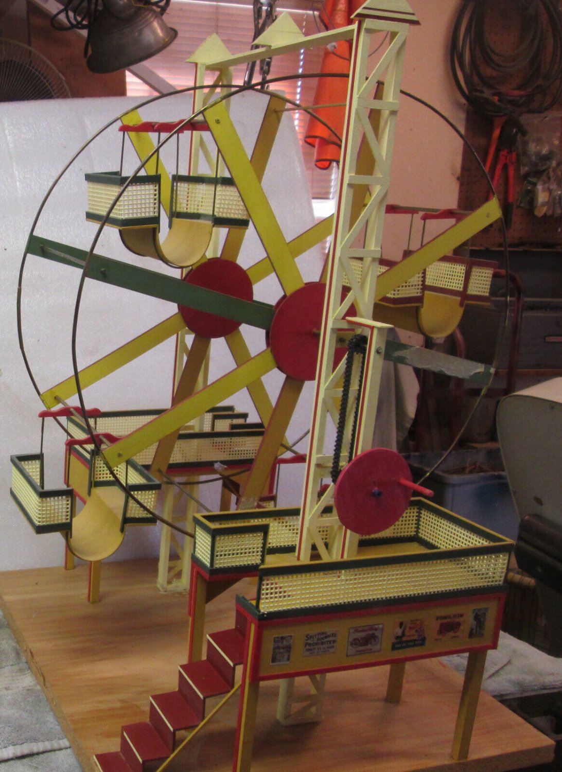 Vintage Wood Structured Ferris Wheel with four padded cars, hand crank