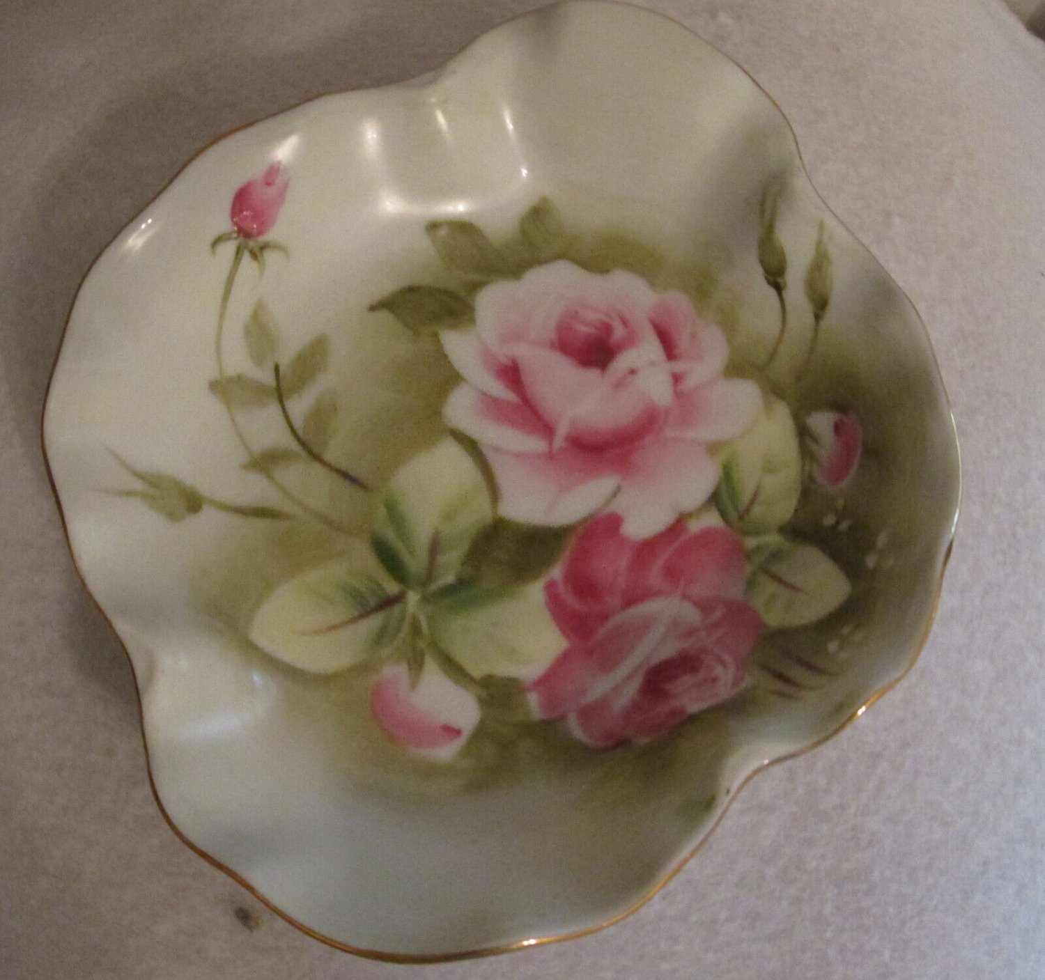 Vintage Lefton China Green Heritage Cabbage Rose Candy Nut Trinket Dish #1860