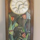 Vintage 70's 37" Pendulum Clock Chime Wood Tiffany Style Stained Glass Front Key