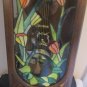 Vintage 70's 37" Pendulum Clock Chime Wood Tiffany Style Stained Glass Front Key