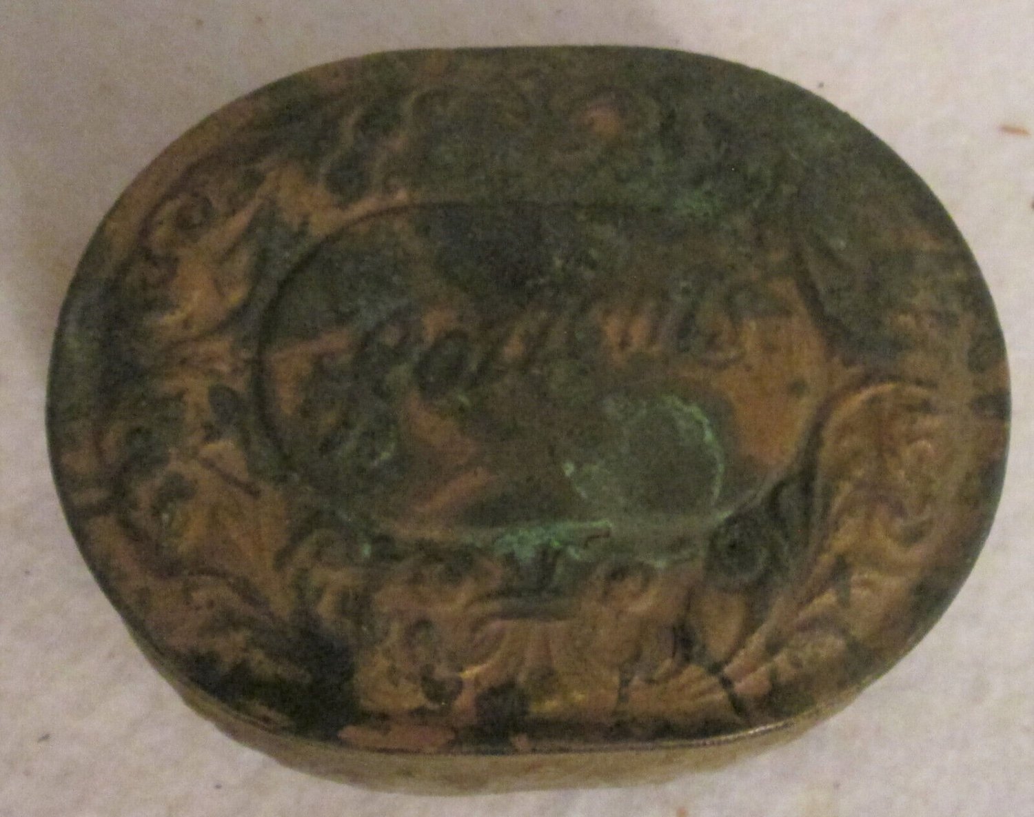 Antique Pozzonis Embossed Brass Powder Tin c.1910 Hinged Lid Trinket Dresser Box
