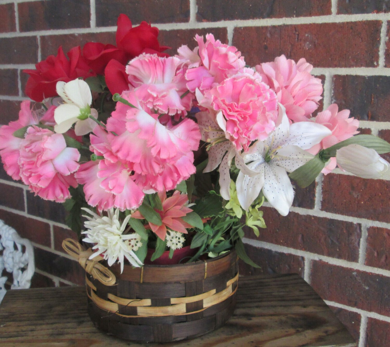 Artificial Planter Woven Basket with Handle Pink & Red Flowers Faux Indoor Plant