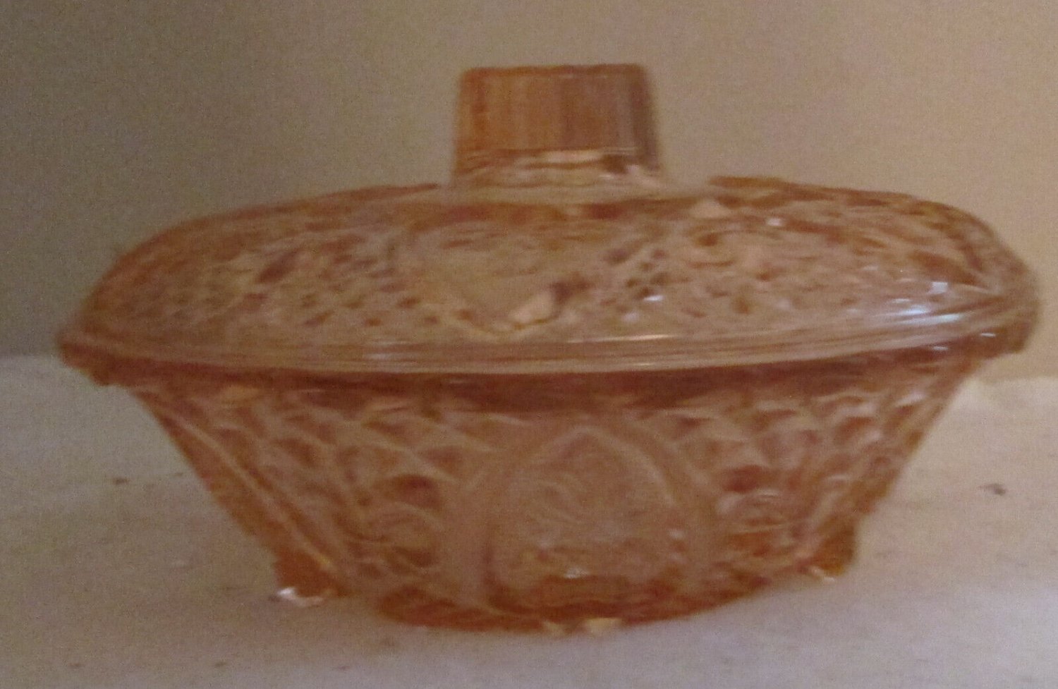 Vintage Cut Glass Candy Dish Pink with Lid Heart and Fleur-De-Lis Pattern KIG