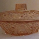 Vintage Cut Glass Candy Dish Pink with Lid Heart and Fleur-De-Lis Pattern KIG