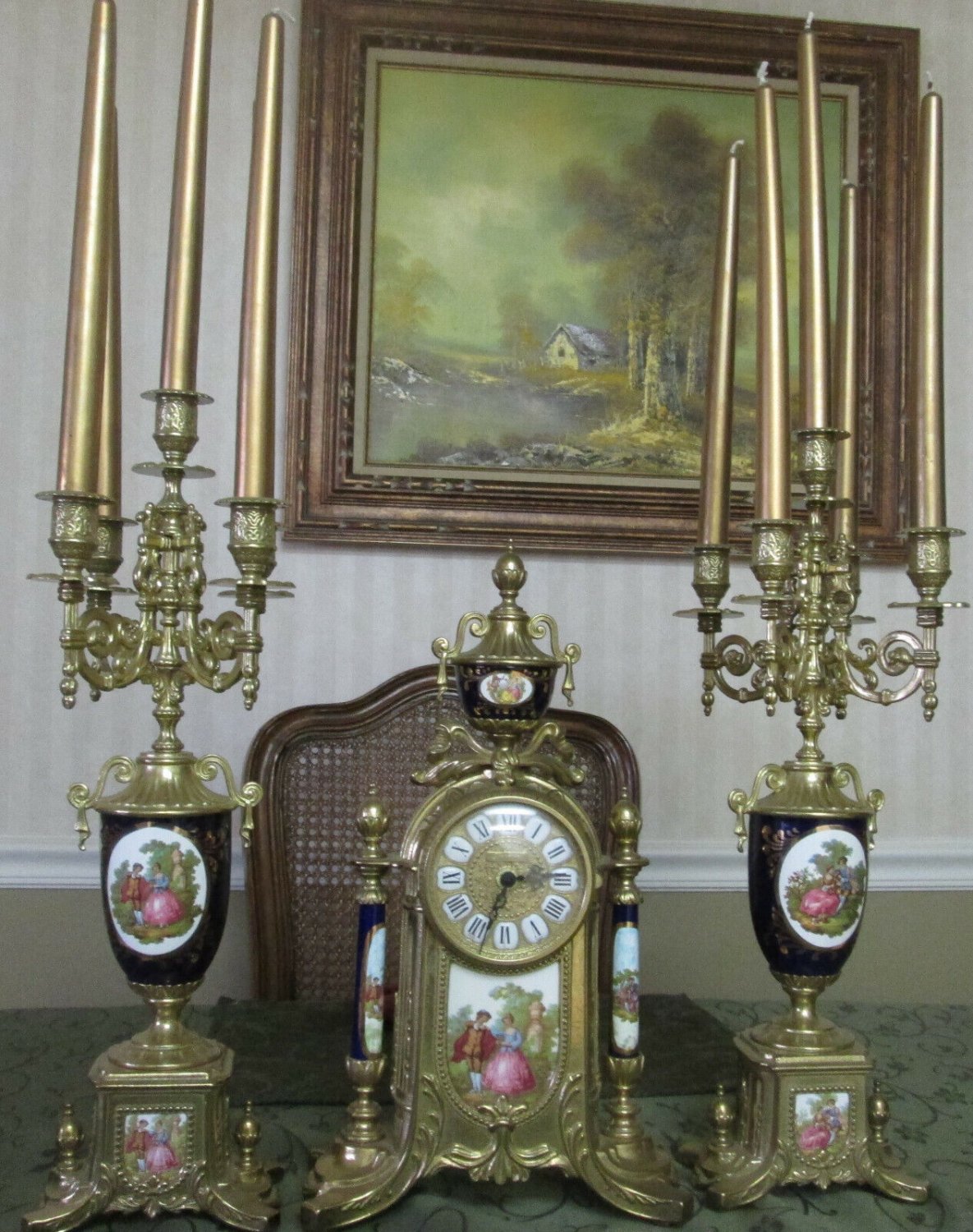 Limoges Two 5 Stick Candelabra Gilded Brass Blue Sevres Porcelain quartz clock