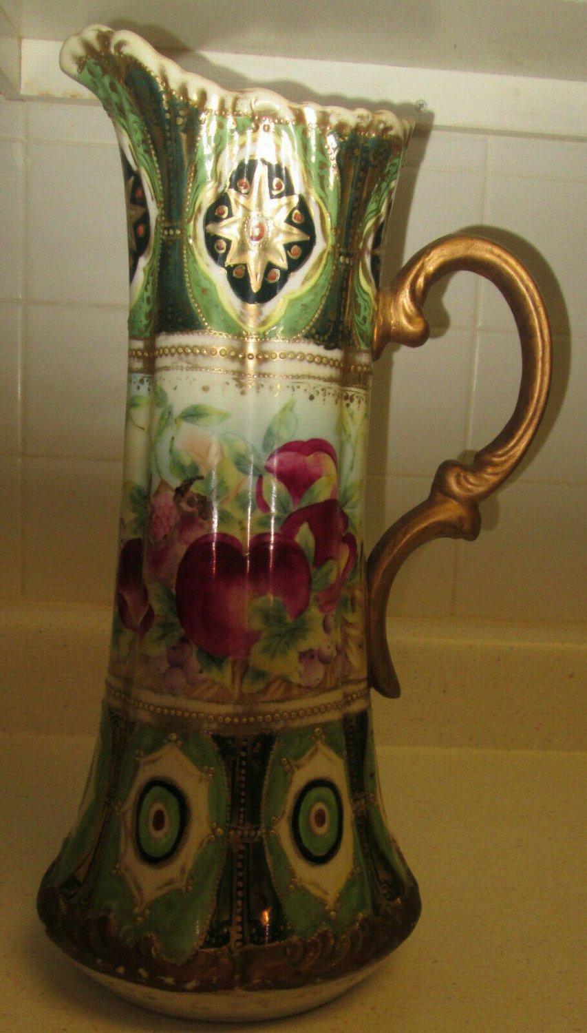 Antique Hand-Painted Nippon Ewer Pitcher Porcelain Footed Vase 16" tall