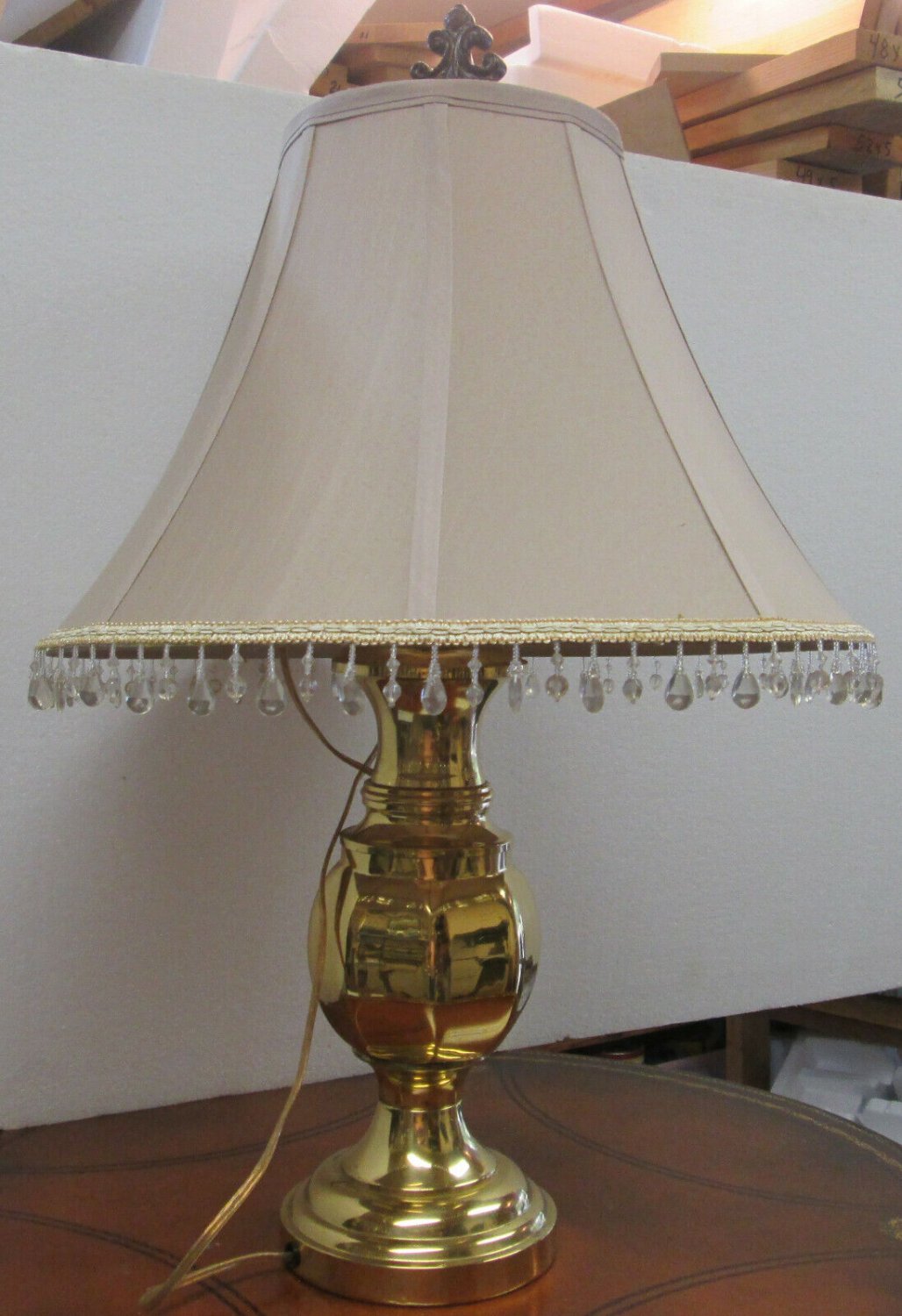 Antique Brass Table Lamp with Fringed Crescent Shade