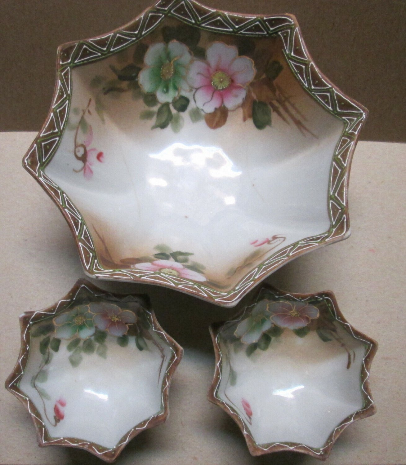 Porcelain Nippon 8 Sided Hand Painted Candy Dish Floral Design + 2 Individual