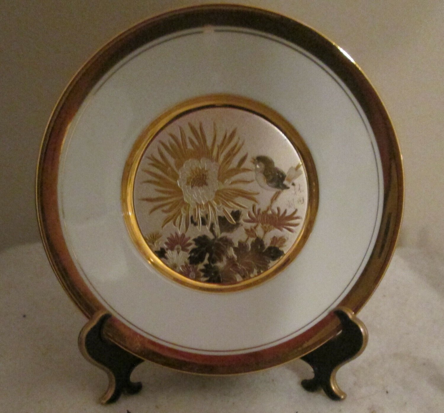 LAL Chokin Art Collection 24KT Gold Rim 6" Plate With One bird signed