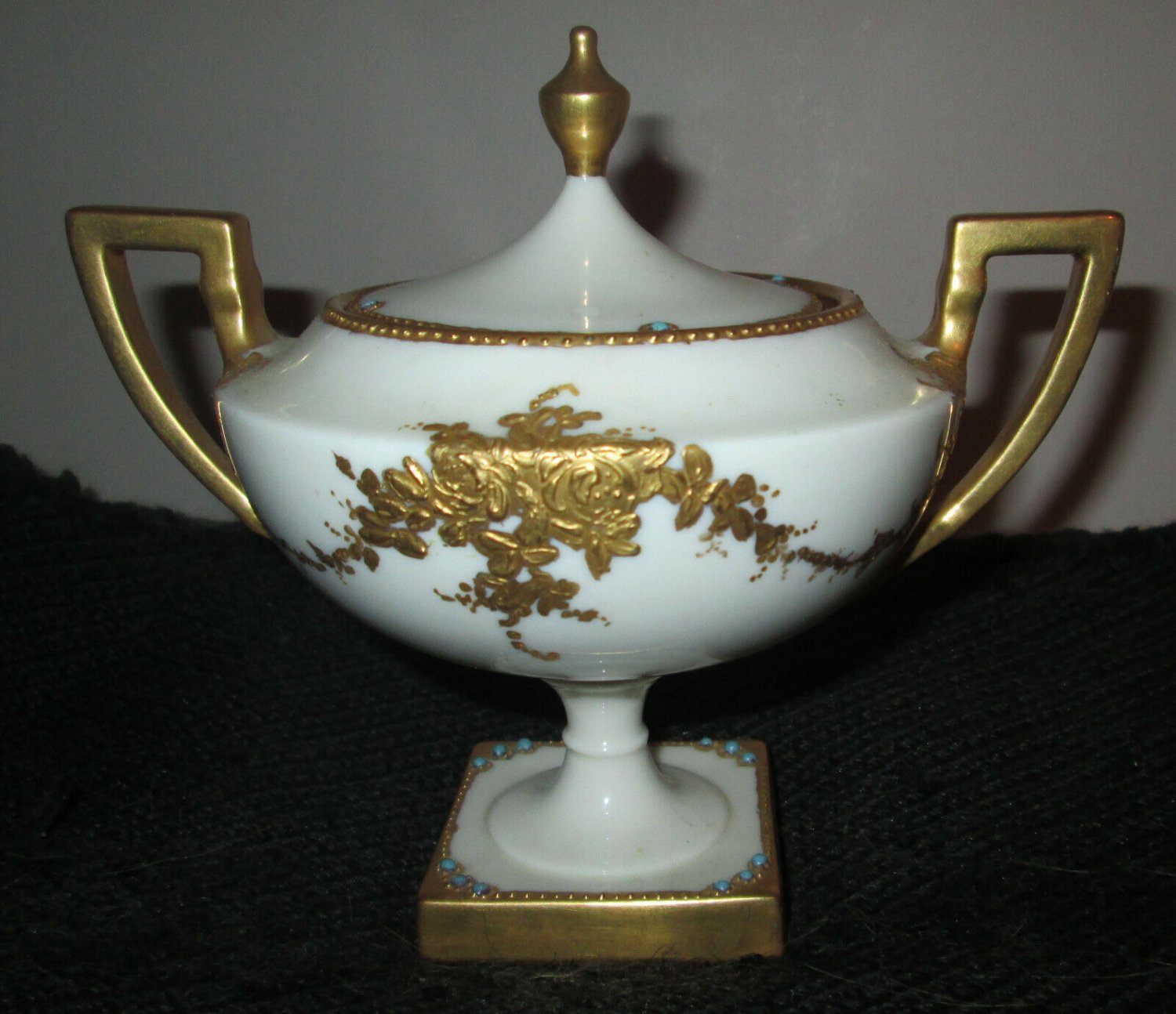 Vintage BELEEK Hand Painted Covered Sugar Bowl Gold on White Marked 1910 + -
