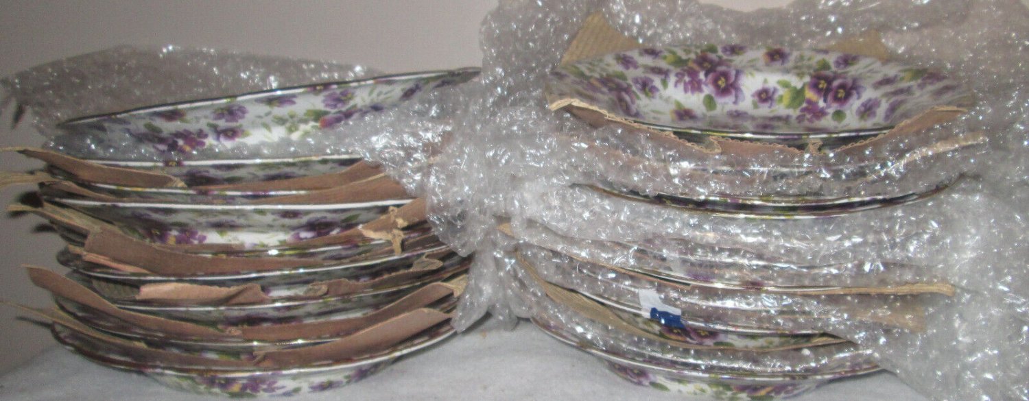 FORMALITIES by BAUM BROS Purple Pansy Chintz Gold Soup Bowls