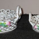 (2) ELEGANT WHITE PORCELAIN HANDLE WOVEN BASKETS-CAPODIMONTE PINK ROSES GOLD