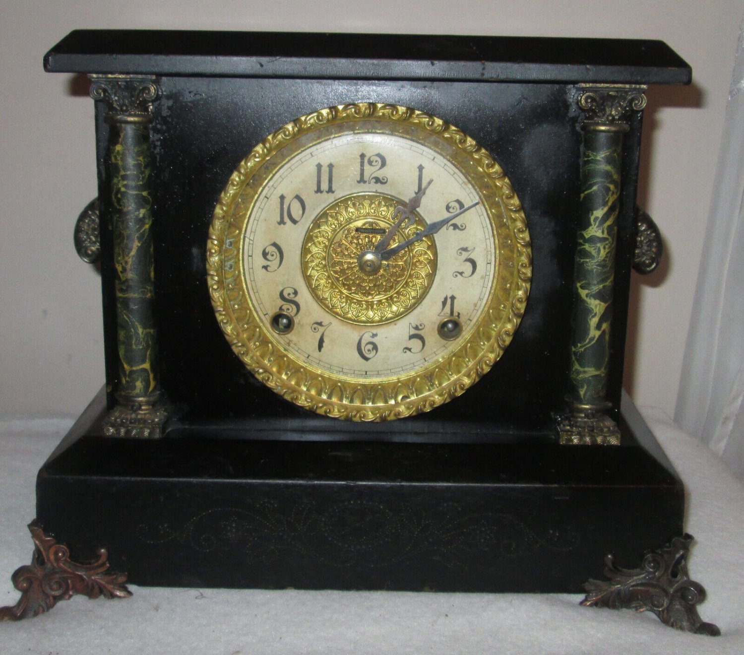 Antique E. Ingraham Oak Clock Bristol Connecticut Chimes 2 COLUMNS 8 Day