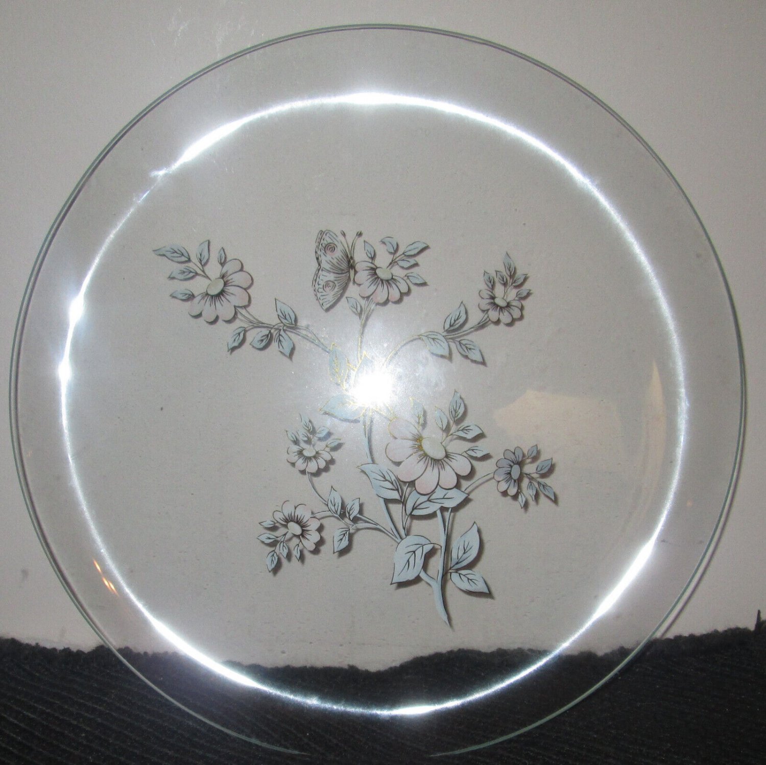 Princess House Blue Butterfly in Peach Daisies Gold Lined Crystal Platter #070