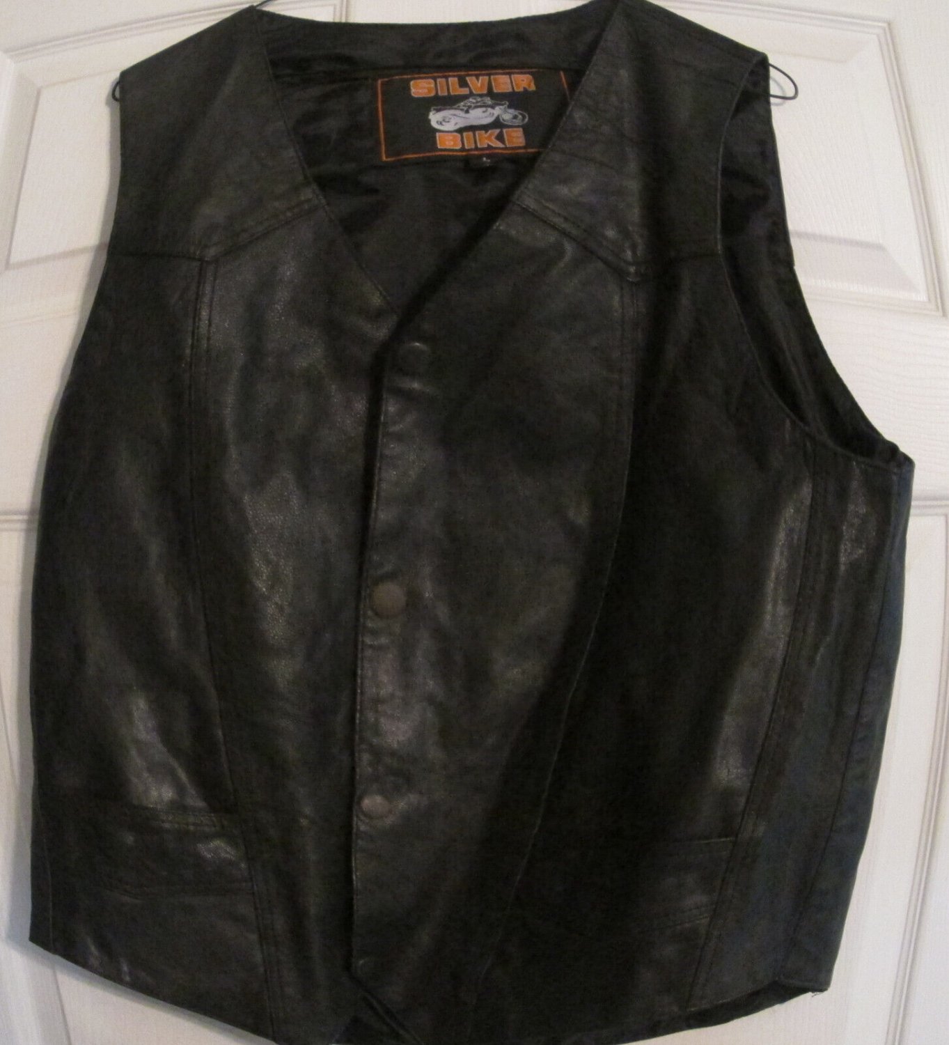 Men's SILVER BIKE Black Leather Motorcycle Moto Biker Vest W/Pockets Size  L