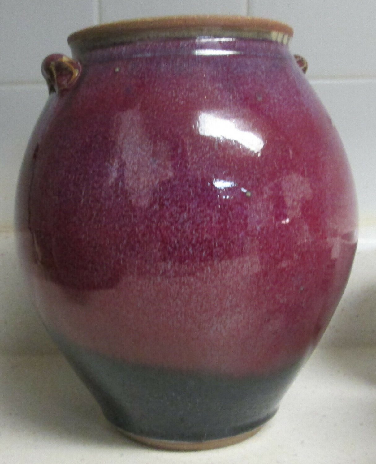 ASIAN CERAMIC DRIP GLAZED blue and red pottery VASE Signed