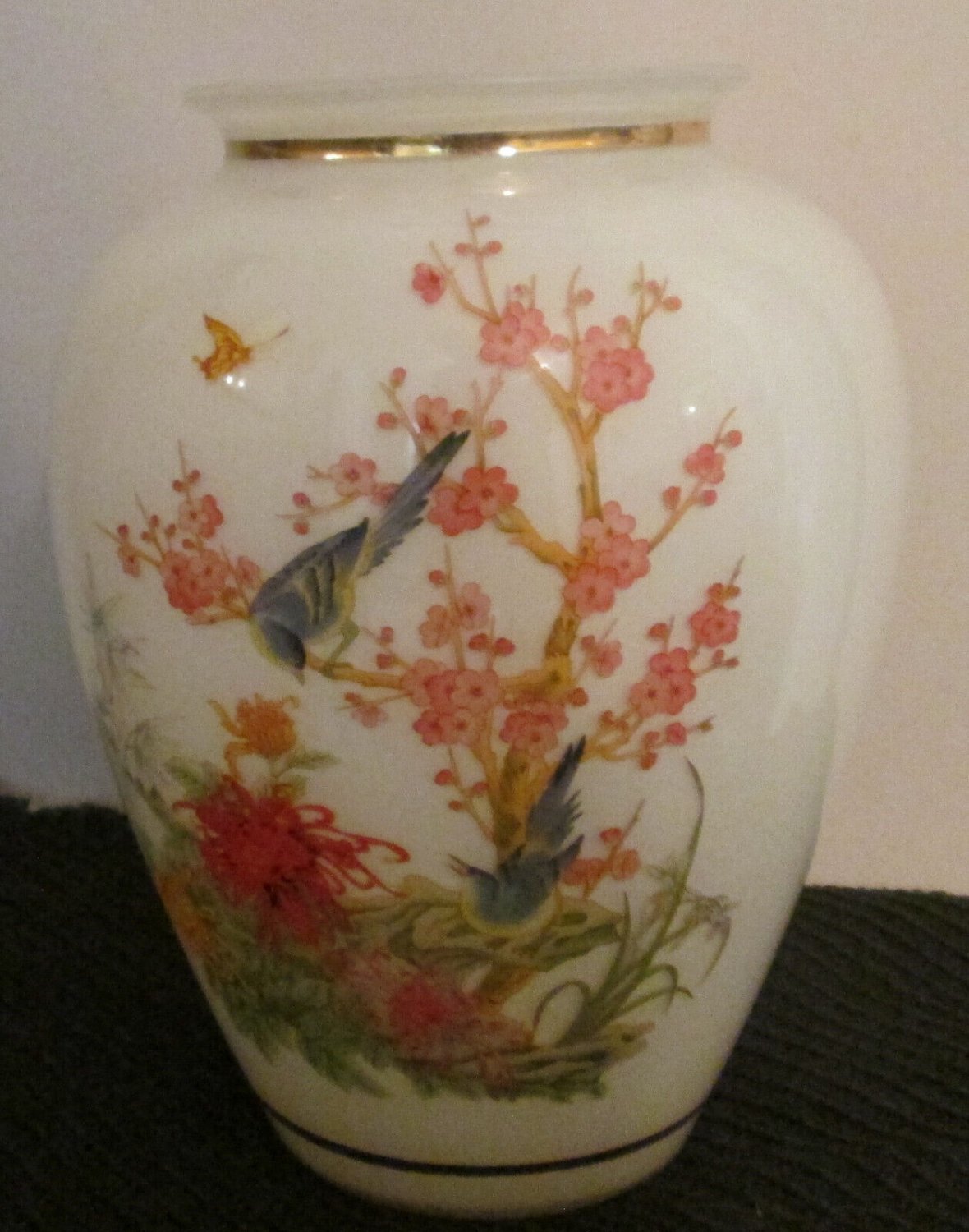 Vintage Large Oriental Glass Vase Blue Birds Cherry Blossoms Butterfly Gold Trim