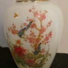Vintage Large Oriental Glass Vase Blue Birds Cherry Blossoms Butterfly Gold Trim