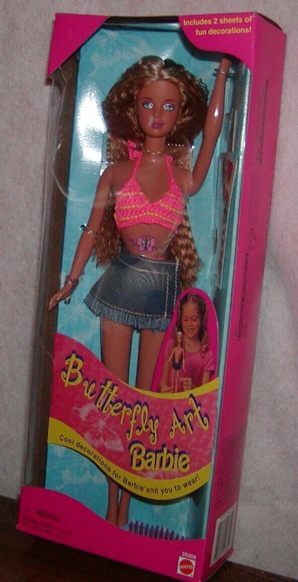 BARBIE BUTTERFLY ART     12" TALL DOLL WITH SHEETS OF DECORATIONS