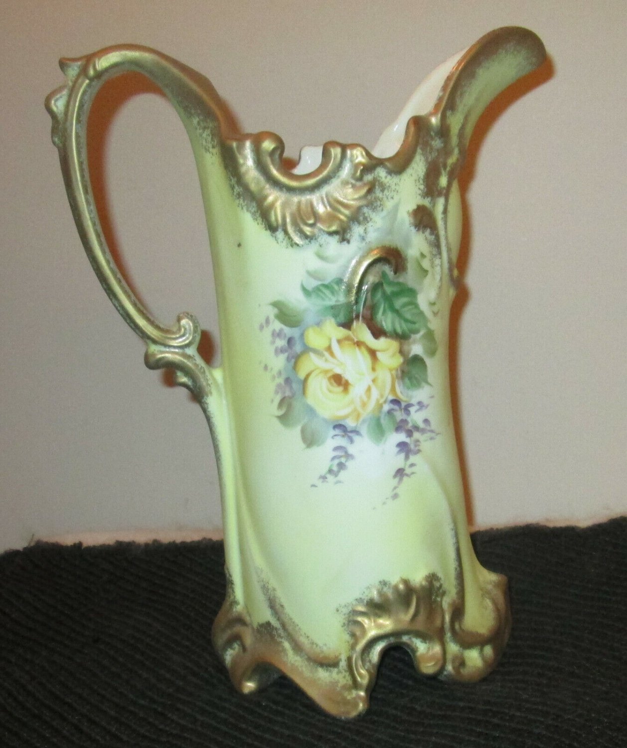 Antique Porcelain Pitcher Handled Hand Painted Flowers Gold Trim   CENTERPIECE