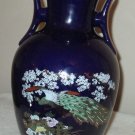 Vintage Japanese Porcelain Flower Vase Bird Peacock Gold Blue Cobalt Urn Handle