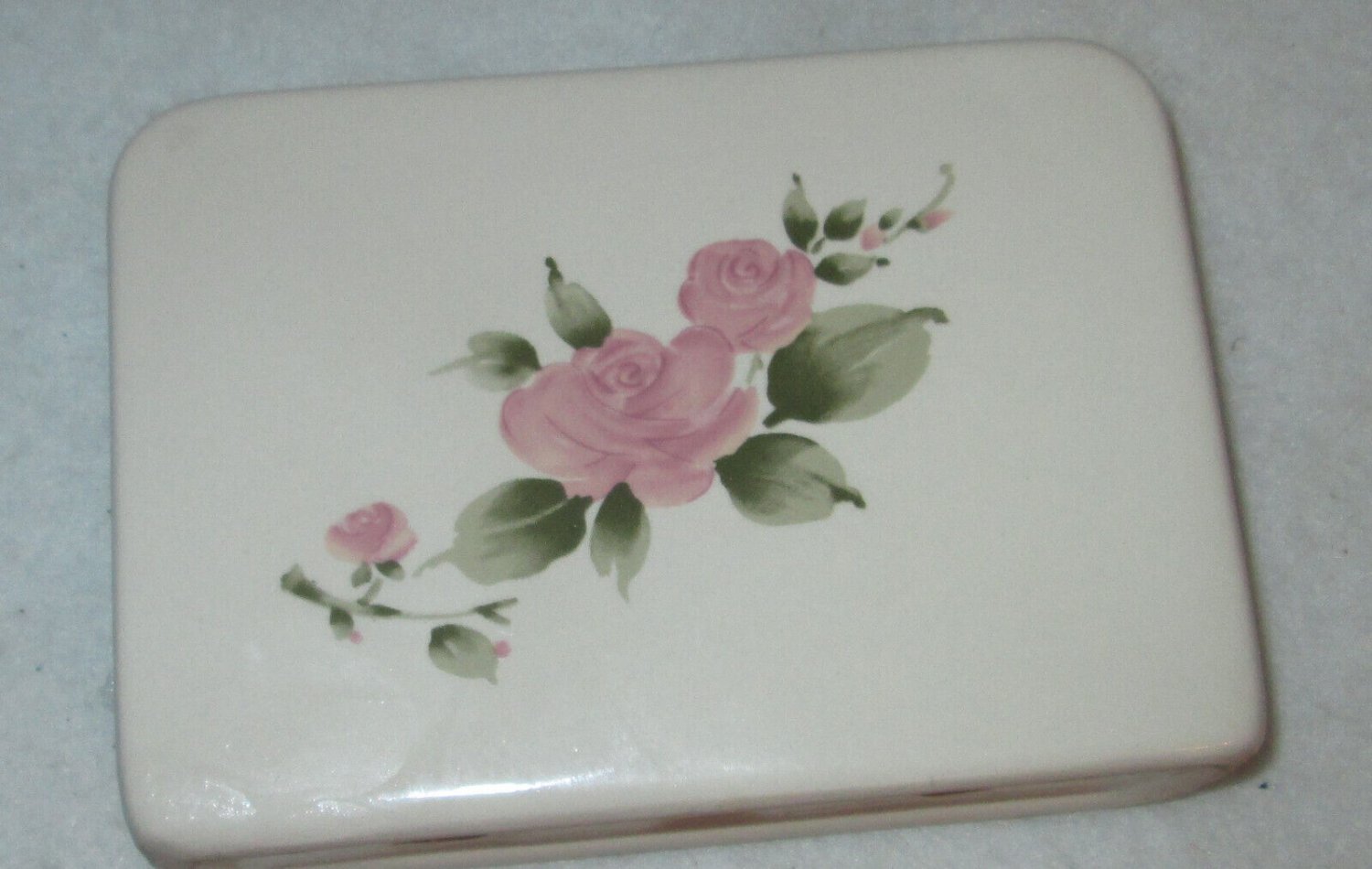Roseland Napkin Holder 6" W Rose Gibson Genuine Stoneware White, Pink & Green