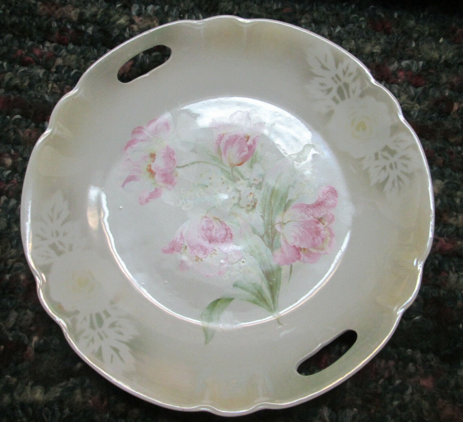 Oremont Bavaria German Porcelain Handled 9.5" Plate Pink Flowers Center
