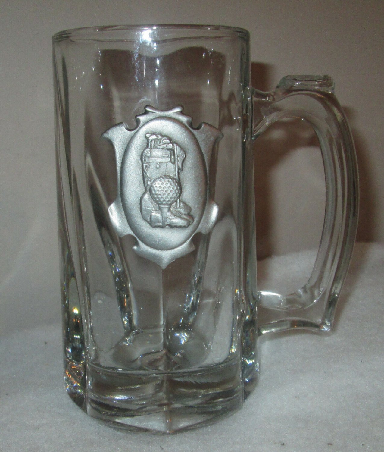 Clear Drinking Glass Pewter Emblem  Golfer Handled Mug Glass Stein
