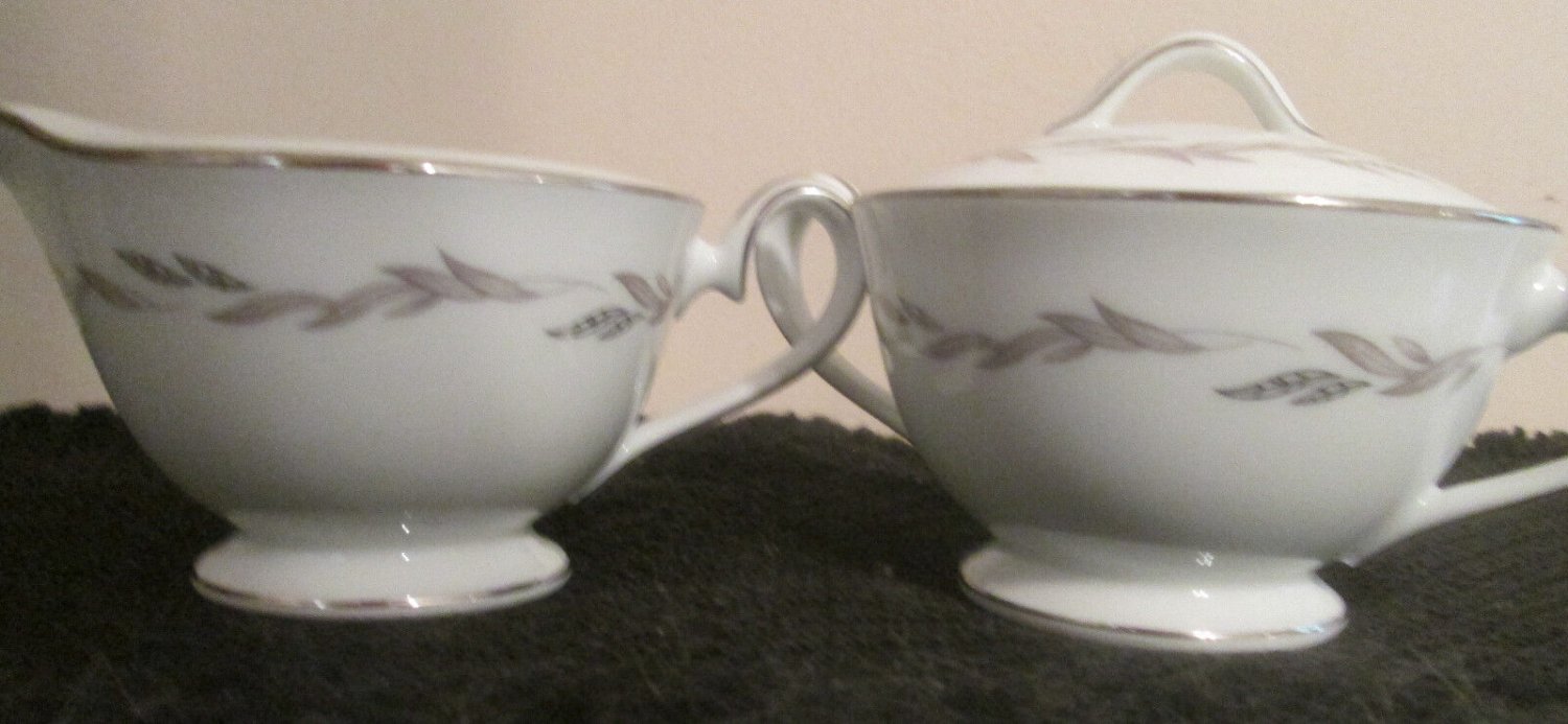 Noritake Graywood 6041 Demitasse Cream & Sugar Gray Platinum Leaf Trim