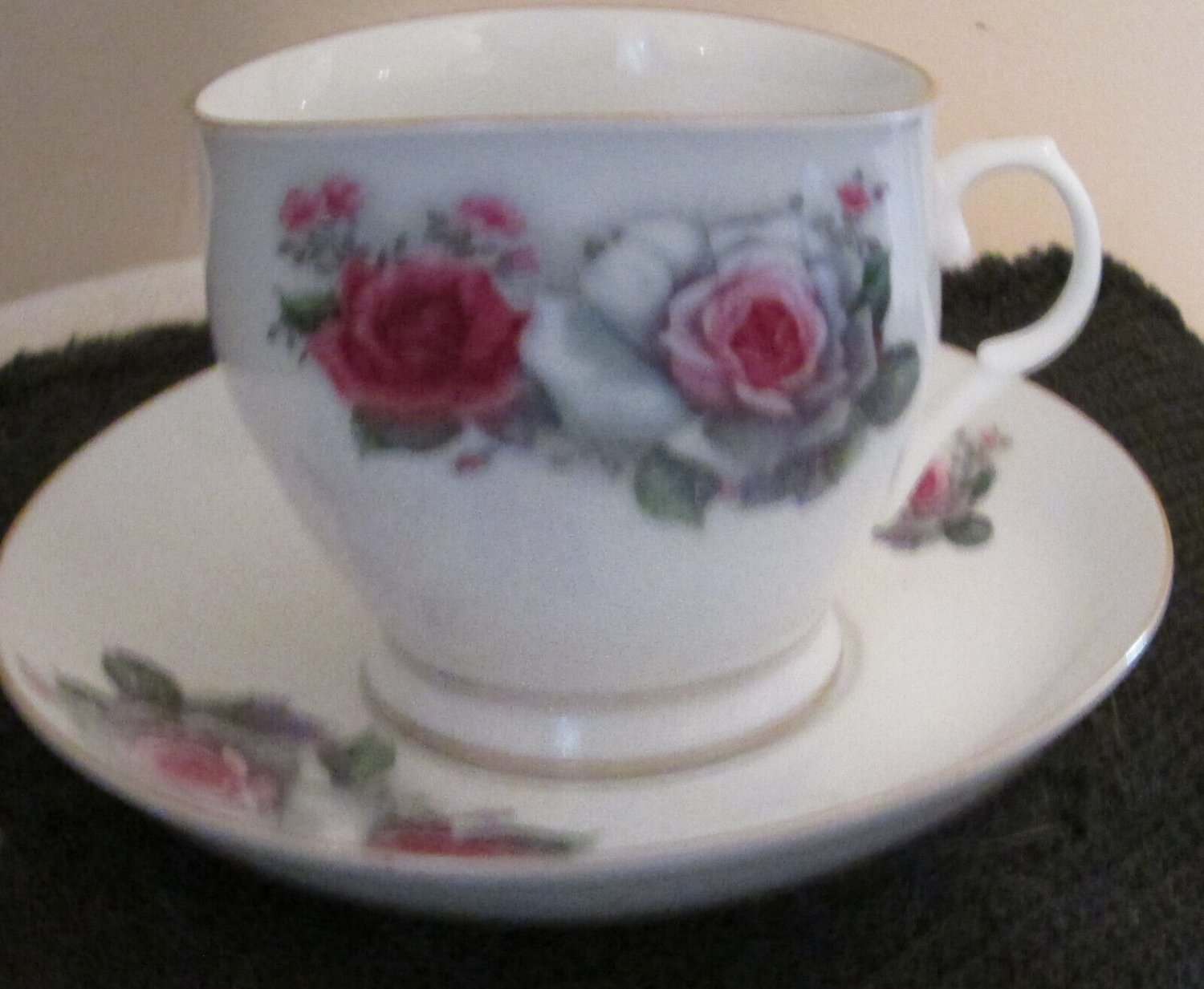 Hand Painted Tea Cup Saucer Nanjing Pagoda Mark China  Roses Brown Green Leaf