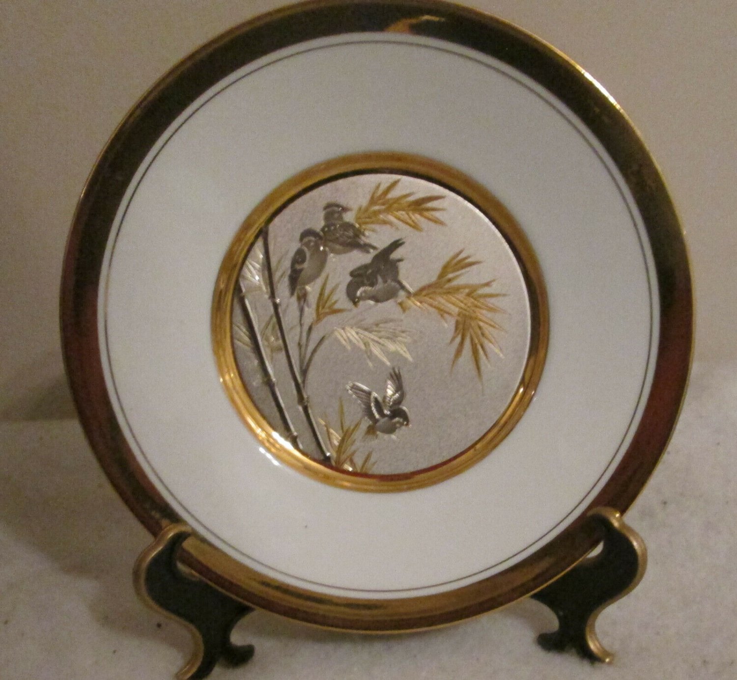LAL Chokin Art Collection 24KT Gold Rim 6" Plate With 4 Birds Signed