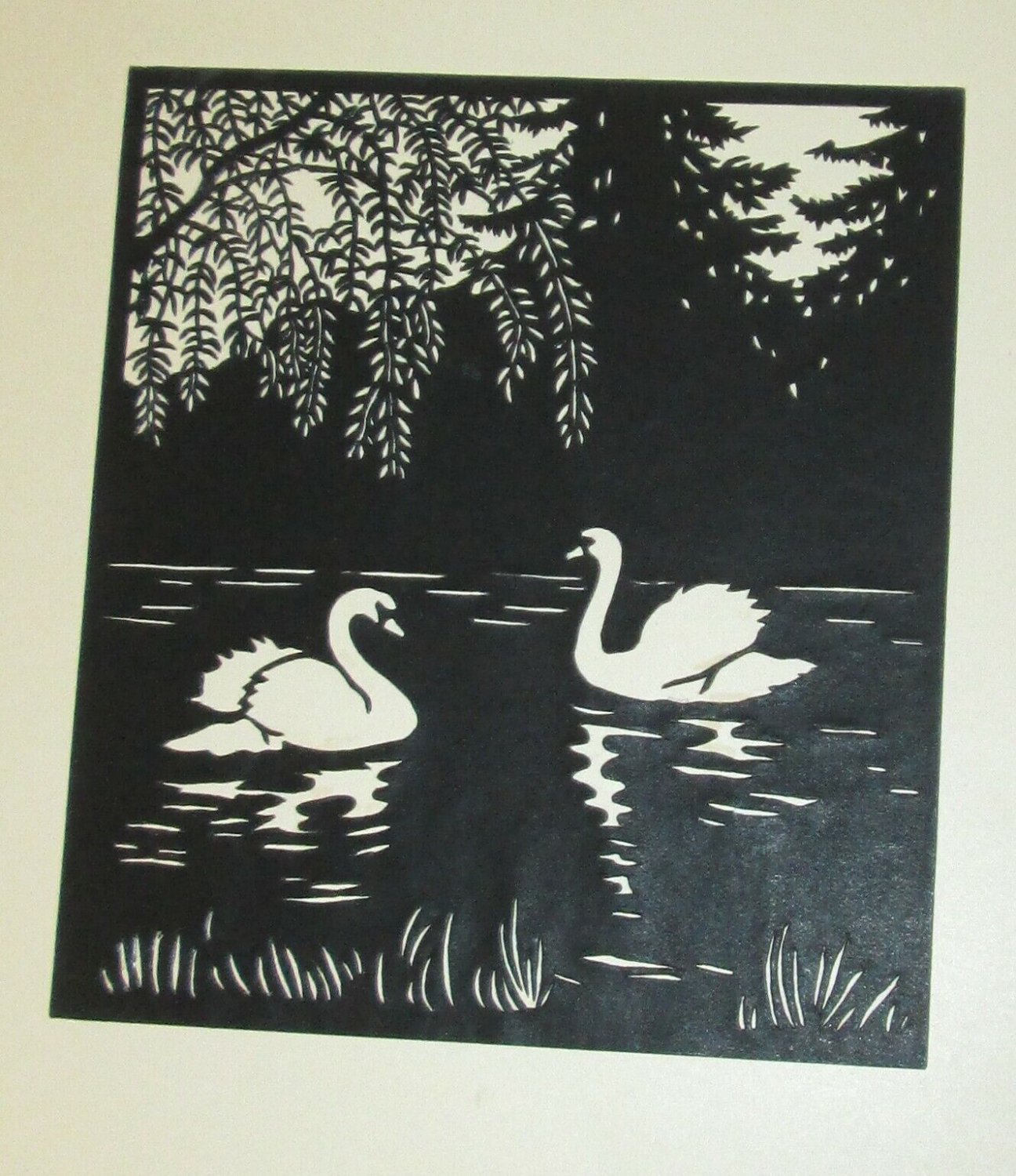 CARVED PRINT SWANS ON POND