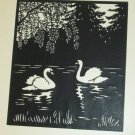 CARVED PRINT SWANS ON POND