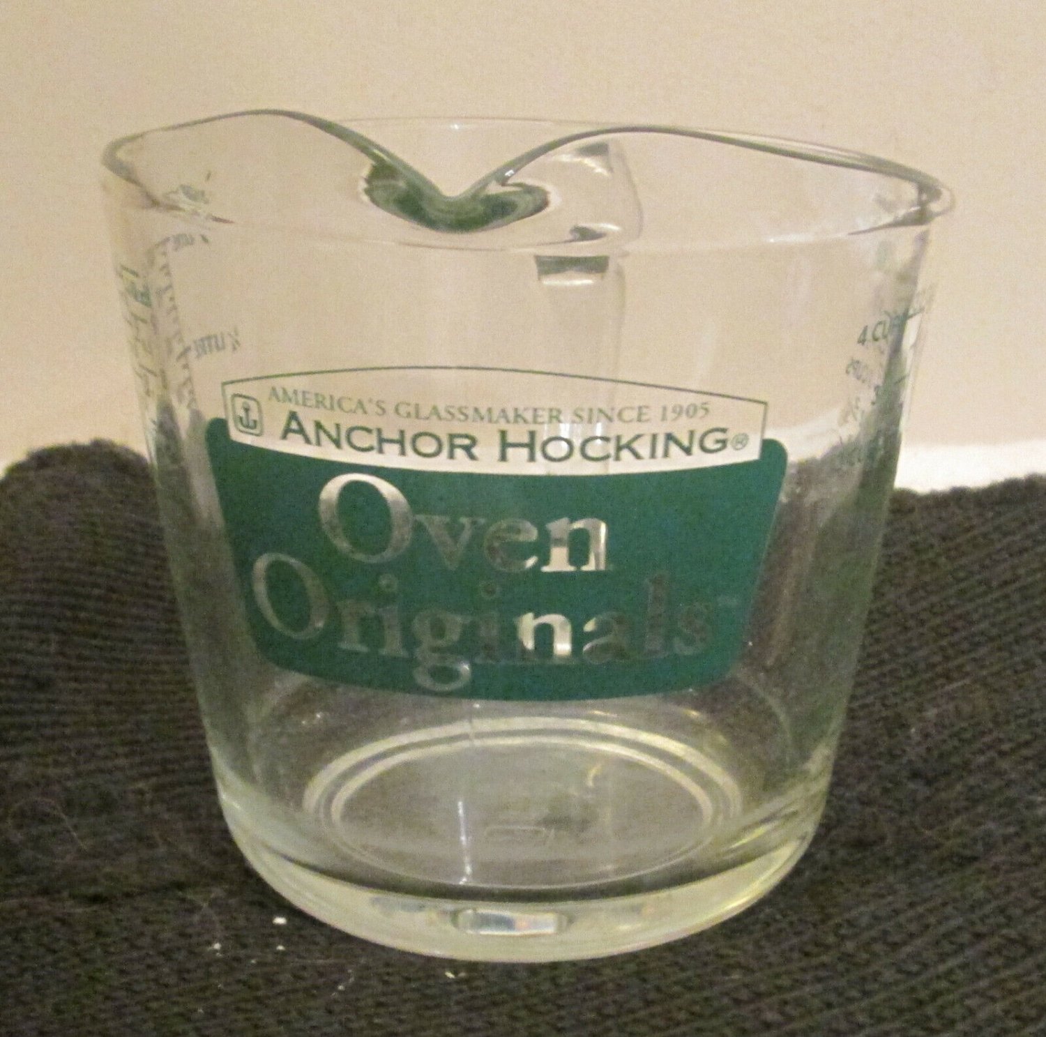 Green Lettering Anchor Hocking - FOUR Cup -  Measuring Cup Oven Originals glass