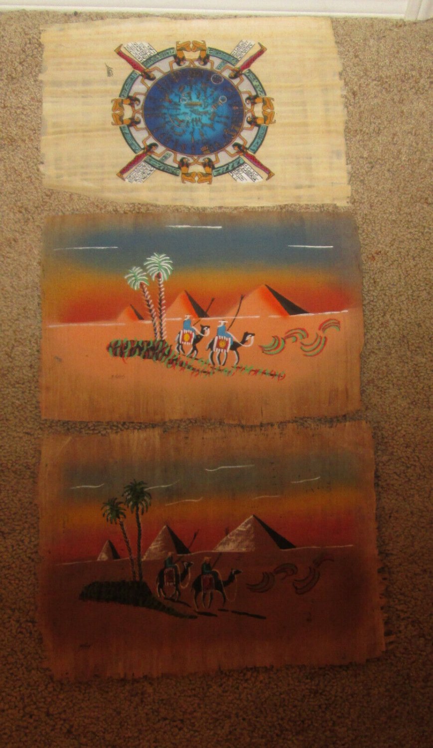 3) THREE HAND PAINTED PAPYRUS PAINTINGS BY MOHAMEND KHEDR