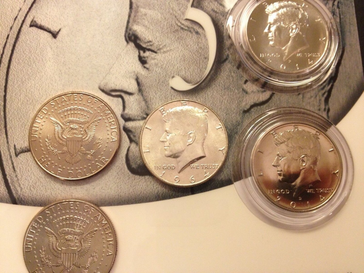 5 US Coins Set inc K14 Silver 50th Anniversary Kennedy 1964 2014 PD Half Dollar