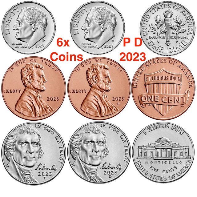 2023 Set 6 US Coins PD Cent Nickel Dime US Mint Uncirculated Via BANK ROLLS 1&Acirc;&cent; 5&Acirc;&cent; 10&Acirc;&cent;