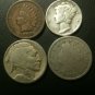4 US Coins Old US Silver Lot Buffalo V Nickels Indian Cent Mercury Iconic Estate Set