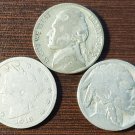 Lot of 3 US Coins Nickels Mix of Silver Nickels Liberty V Nickels Buffalo Nickels