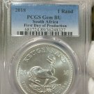 1 US Coin 2018 SOUTH AFRICA KRUGERRAND FIRST DAY OF PROD PCGS SILVER Gem BU LOC3