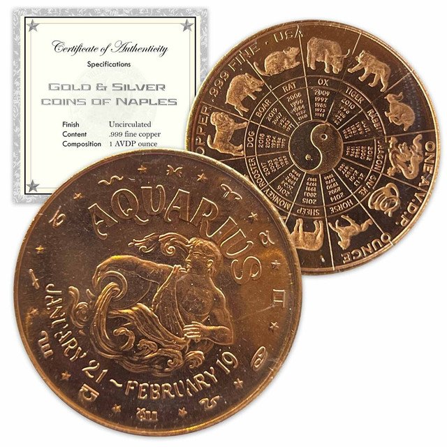 1 US Coin 1 oz Copper Round Aquarius in a capsule gift bag