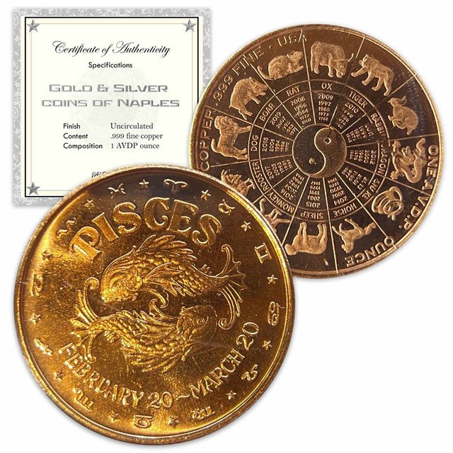 1 US Coin Pisces 1 oz Copper Round in a capsule and gift bag