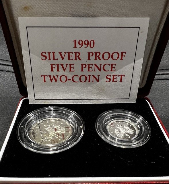 1990 SILVER GREAT BRITAIN 5 PENCE PROOF 2 US Coins SET ORIGINAL BOX and COA LOC JM