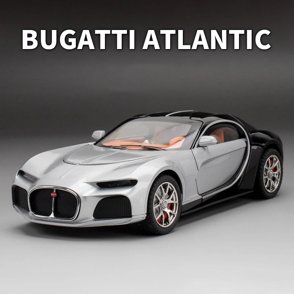 Toy  1:24 Bugatti Atlantic Supercar Silver Black Alloy Car Model Wheel Steering Sound and Light