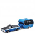 1:64 1987 Chevy 1500 Alloy Truck Flatbed Transport blue Car Toy Travel Trailer
