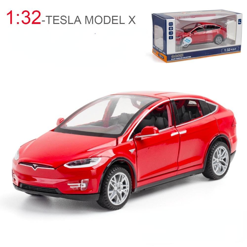 new 1:32 Tesla Model X Red Car Alloy Six Door Sound And Light Pull Back Toy